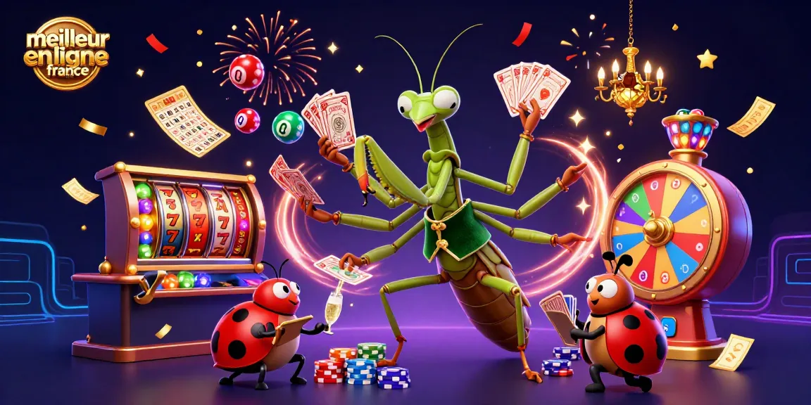 Meilleur casino en ligne France : une scène animée avec un mante religieuse et un personnel de bingo.