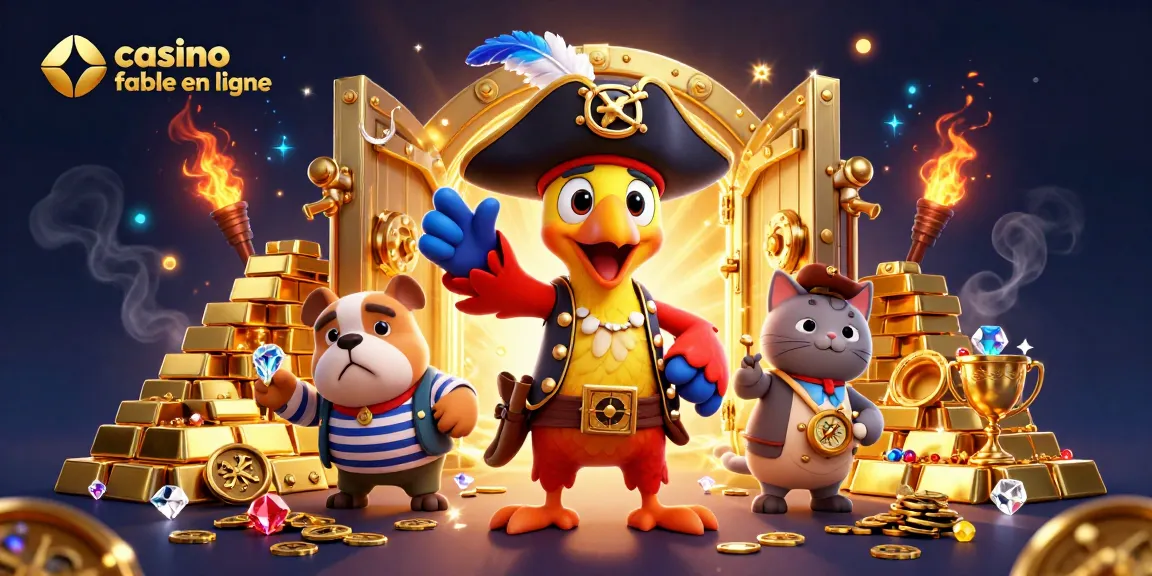 Illustration captivante représentant un pirate et ses amis au casino fiable en ligne, entourés de trésors scintillants.