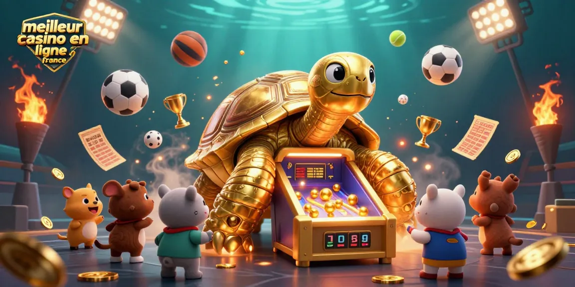 Venez découvrir le meilleur casino en ligne France avec la tortue dorée jouant au flipper et des éléments de jeu éparpillés.
