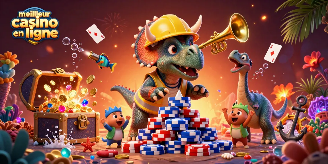 Jouez au meilleur casino en ligne avec une illustration colorée et dynamique de dinosaures et de jetons de poker.