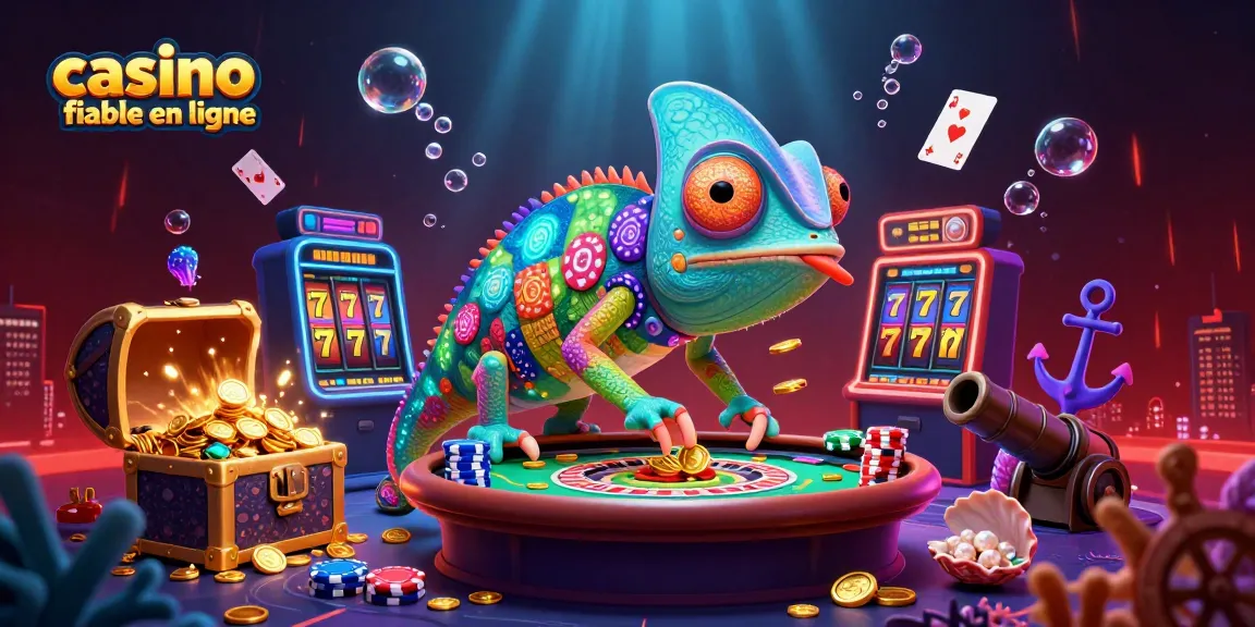 Découvrez un chameleon propriétaire de casino fiable en ligne, entouré de trésors et de jeux amusants.