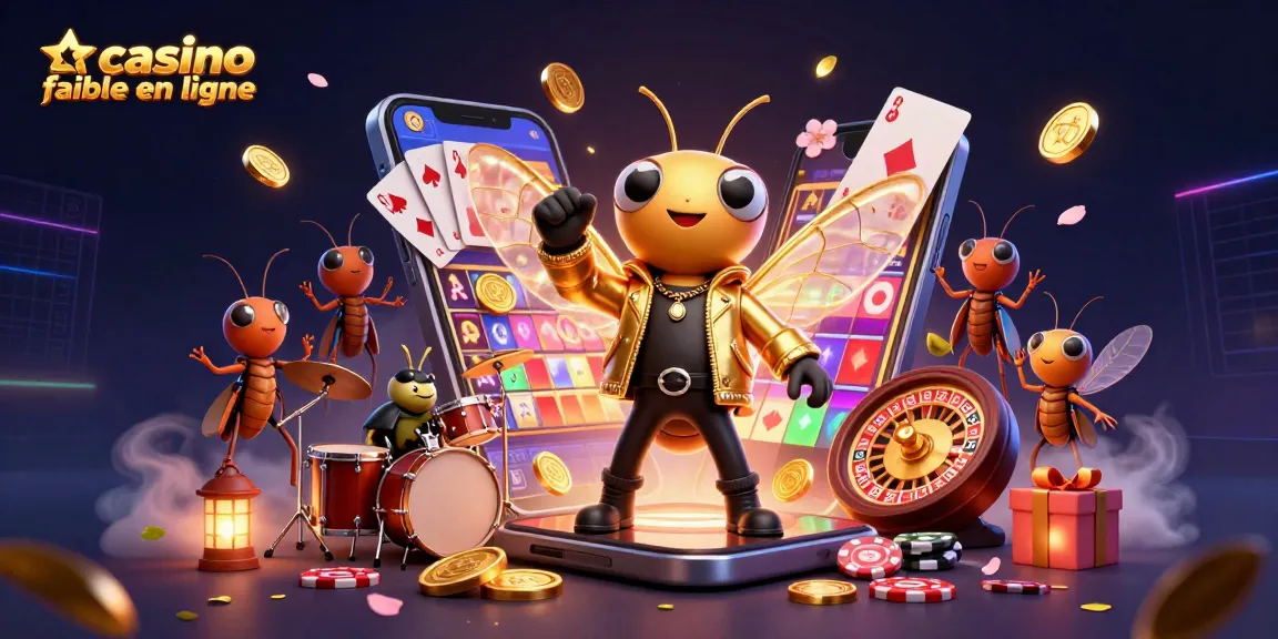 Illustration dynamique pour un casino fiable en ligne, avec un rockeur et des éléments de jeux d'argent.