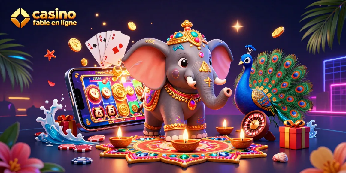 Casino en ligne fiable : Éléphant et paon au casino entourés de jeux et de décorations.