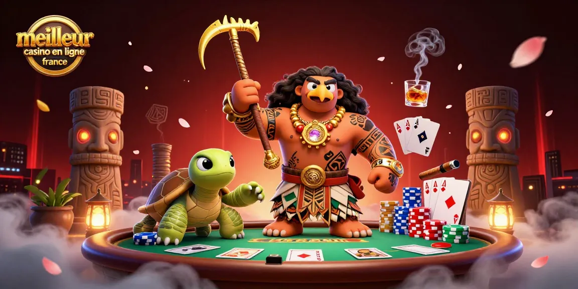 Illustration colorée du meilleur casino en ligne France avec des personnages Polynésiens jouant au poker.
