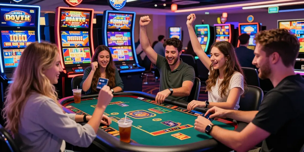 Enjoying a thrilling moment at online casinos that accept credit cards, friends celebrate wins around a gaming table with colorful backgrounds.