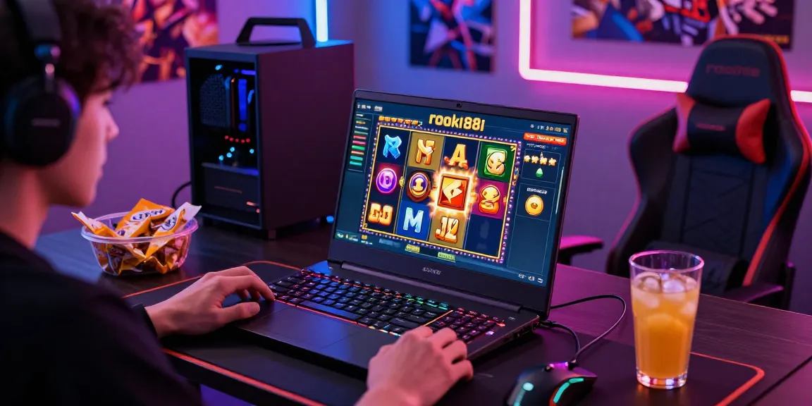 Person enjoying rokok88 slot on sleek laptop in vibrant gaming room.