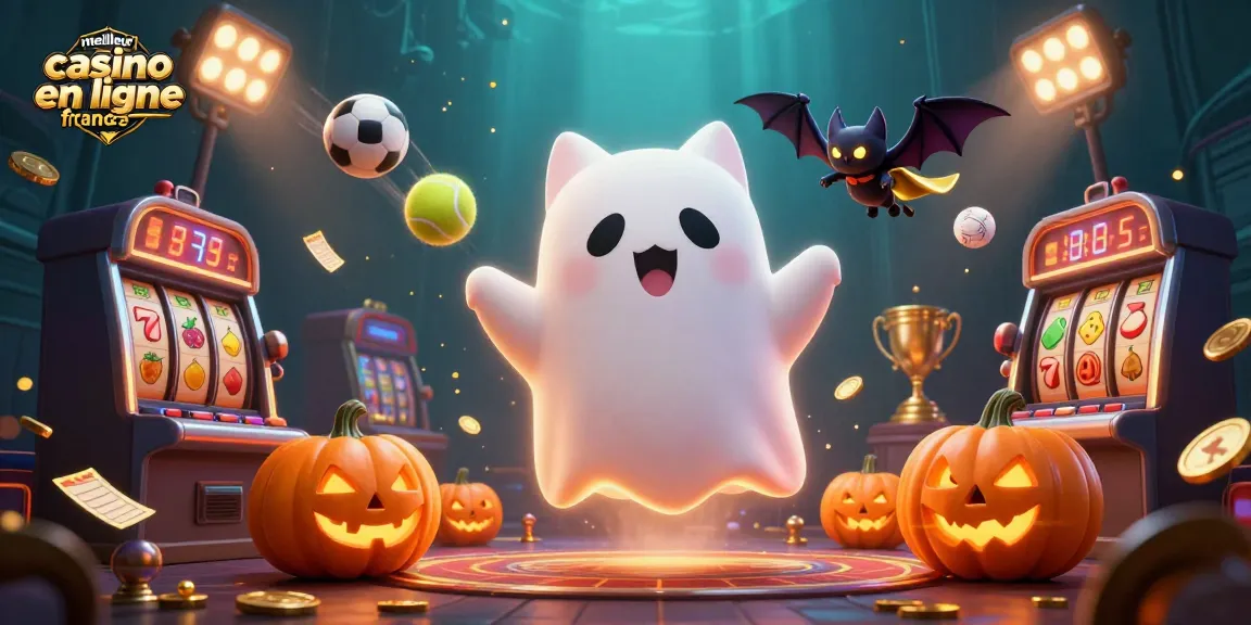 Plongez dans l'univers du meilleur casino en ligne France avec ce chat fantôme convivial et des éléments ludiques.