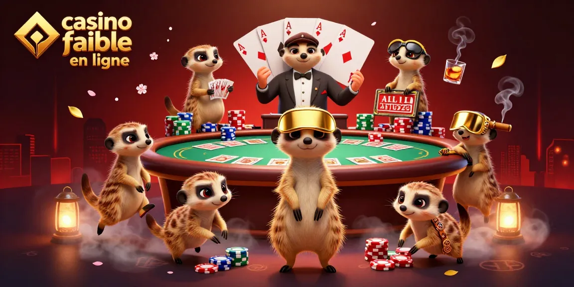 Illustration animée de suricates dans un casino fiable en ligne, gérant des jeux de cartes et de poker.