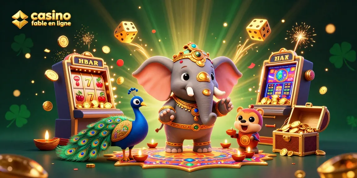 Visualisez un casino fiable en ligne avec des éléphants colorés et des machines à sous dynamiques, entourés de pièces d'or.