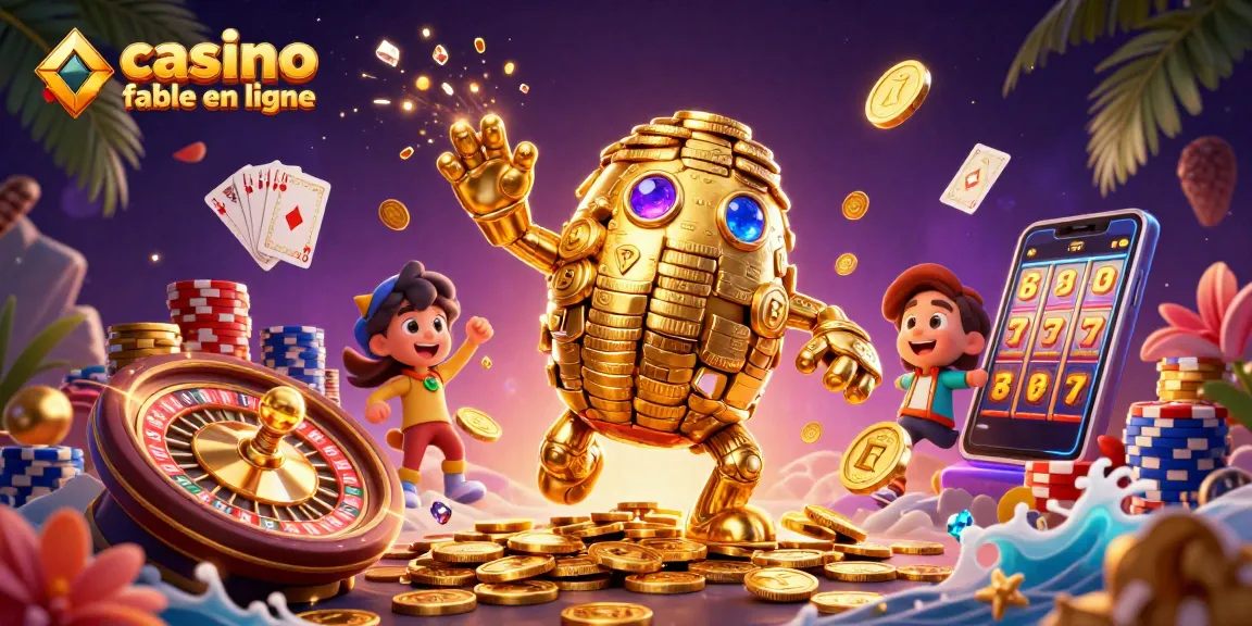 Illustration 3D vibrante et dynamique d'un casino fiable en ligne avec un golem doré et des jetons colorés.