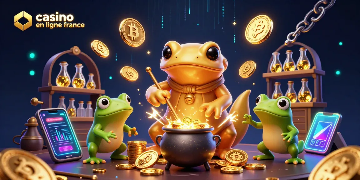 Plongez dans l'univers des jeux avec ce visuel riche de casino en ligne France animant des éléments comme des pièces de Bitcoin et des alchimistes en action.