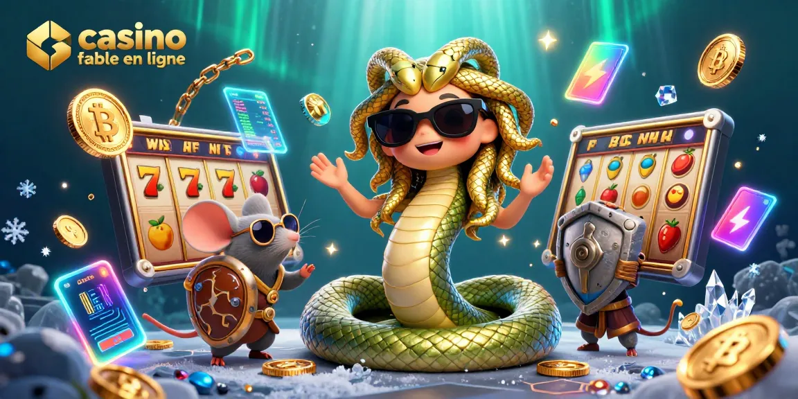 Visualisez un casino fiable en ligne avec Médusa et un guerrier souris entourés de symboles de machines à sous.
