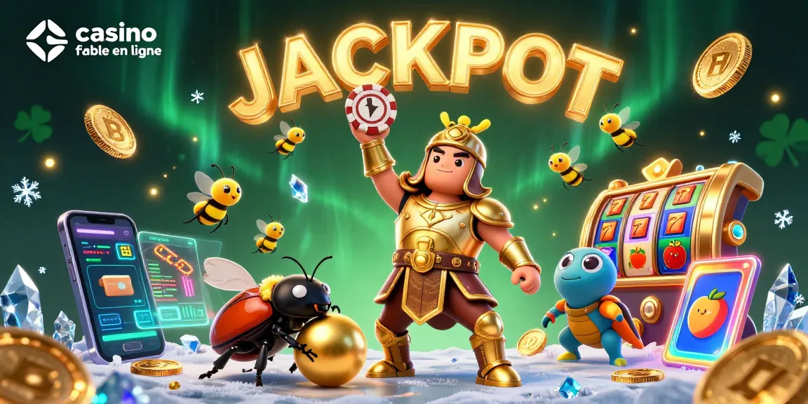 Gagnez avec casino fiable en ligne: illustration dynamique de coccinelle guerrière et jetons dorés.