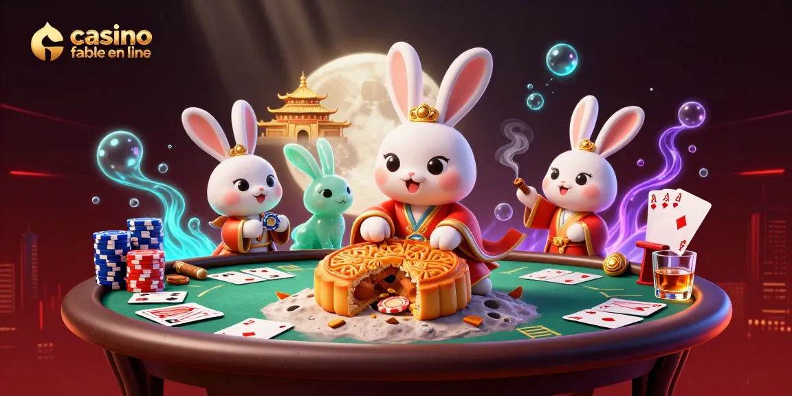 Jouer dans un casino fiable en ligne : illustration colorée d'un lapin de lune et de jetons de poker.