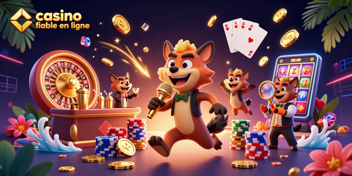 Illustration d'un casino fiable en ligne avec des hyènes animées et des éléments de jeu dynamique.