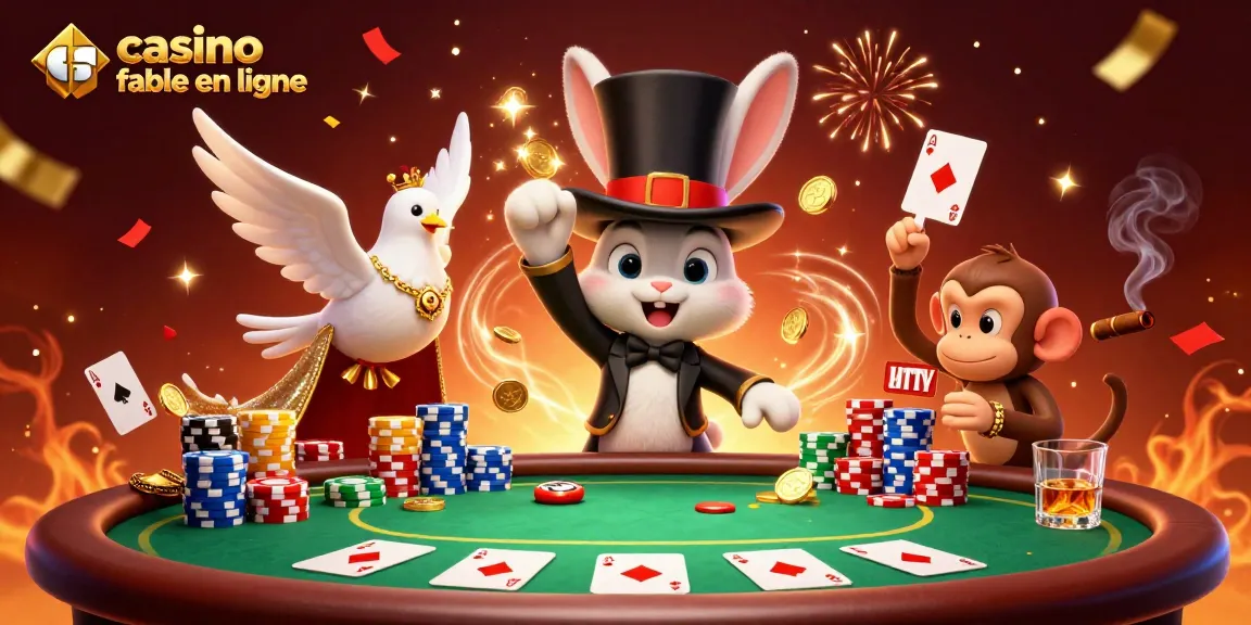Illustration colorée d'un casino fiable en ligne, avec un magicien, une colombe et un singe, jouant aux cartes.