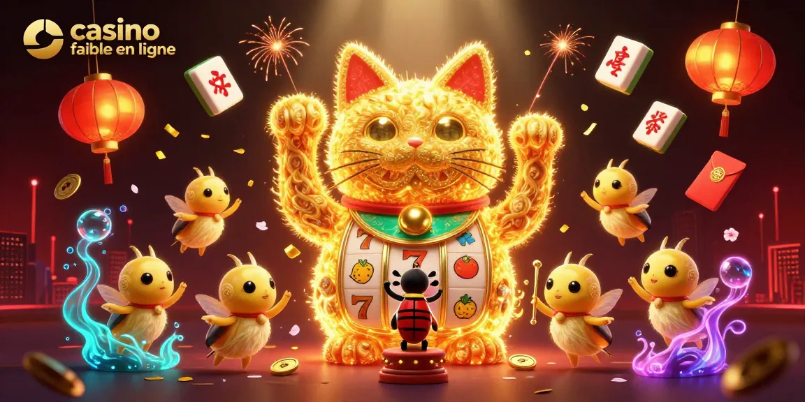 Admirez le chat porte-bonheur de casino fiable en ligne entouré de symboles de jeux et lanternes !