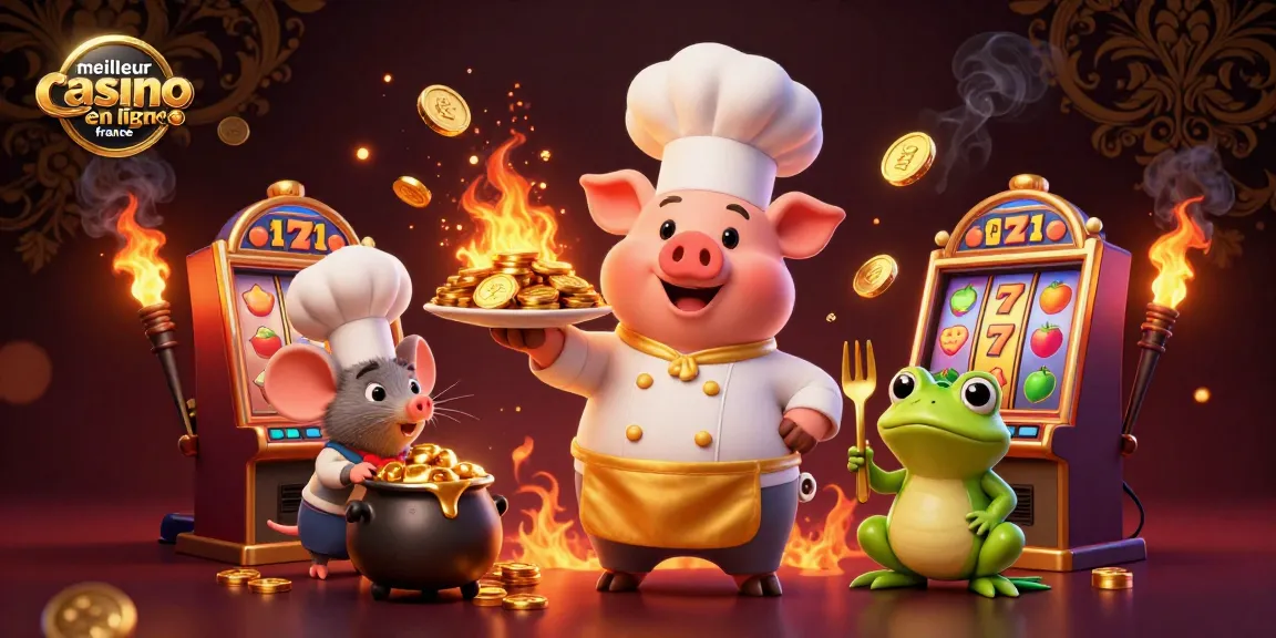 Plongez dans l'univers du meilleur casino en ligne France avec un chef et ses amis en pleine dégustation de pièces d'or.